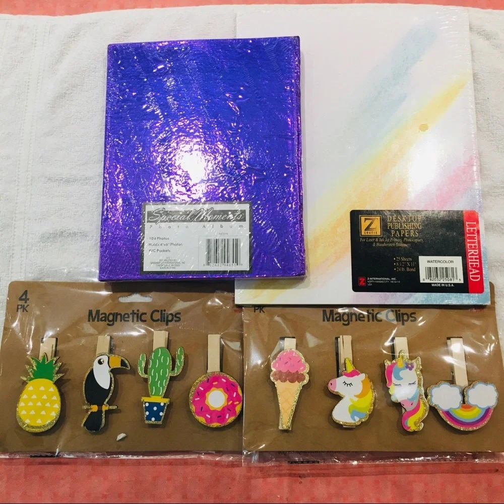 NWT photo album purple metallic note paper and fancy clips! 10 pc